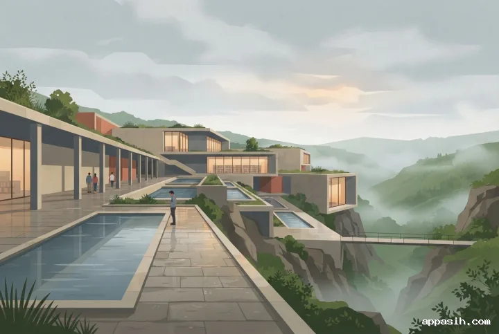 Flat 2D illustration from a lower three-quarter view of the same cliffside public library, showing rainwater terraces, a reflecting basin, sheltered walkways, a footbridge, and a misty valley.