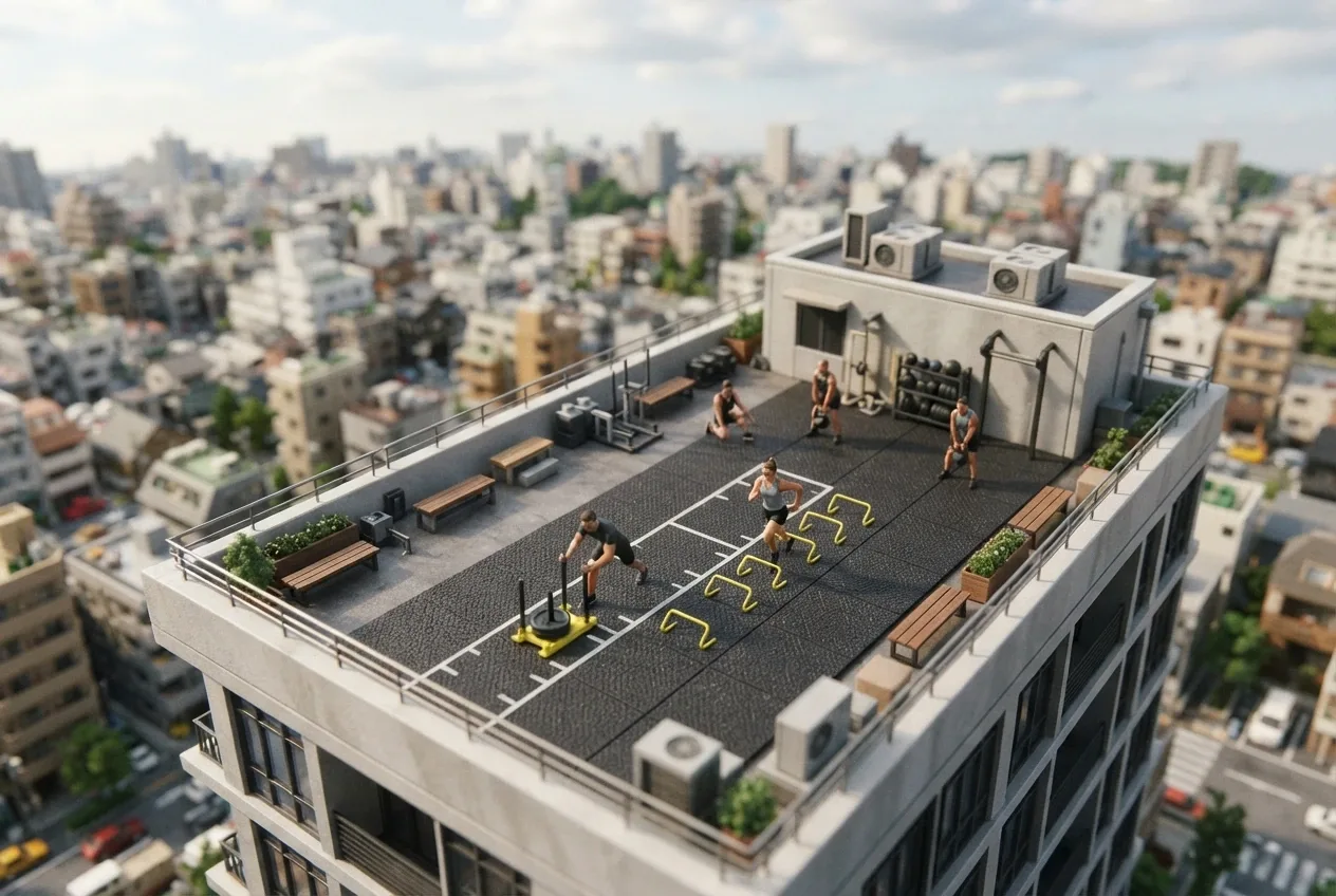 3D tilt-shift miniature rooftop functional training circuit with athletes using a sled, agility hurdles, and kettlebells.