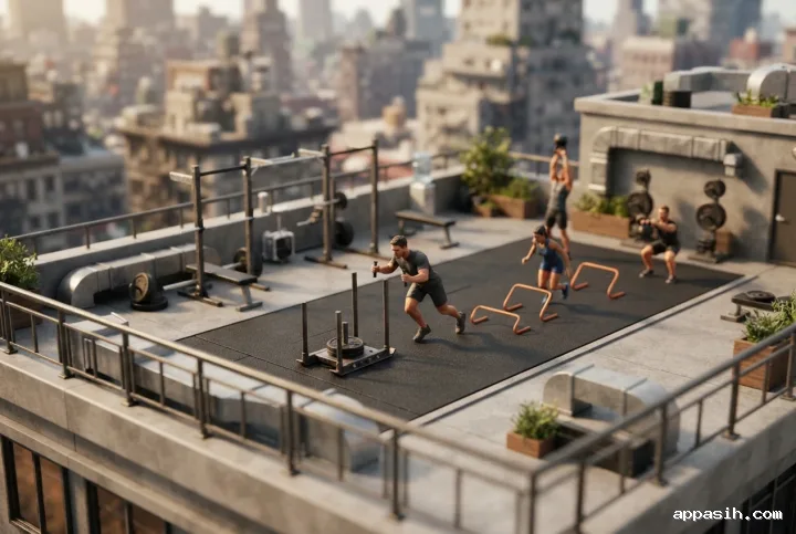 Closer 3D tilt-shift miniature view of athletes performing a rooftop functional fitness circuit with a weighted sled, agility hurdles, and kettlebells.