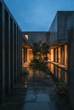 Cinematic contemporary courtyard house with tall concrete fins, a rain-wet reflecting pool, warm interior lighting, and blue-hour sky.