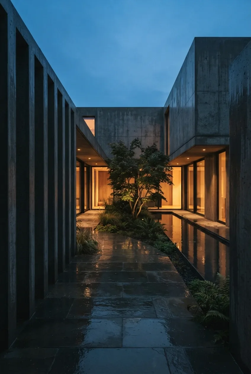 Cinematic contemporary courtyard house with tall concrete fins, a rain-wet reflecting pool, warm interior lighting, and blue-hour sky.
