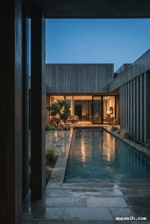 Closer cinematic three-quarter view of the same rain-soaked concrete courtyard house with vertical fins, reflecting pool, warm glazing, and blue-hour atmosphere.