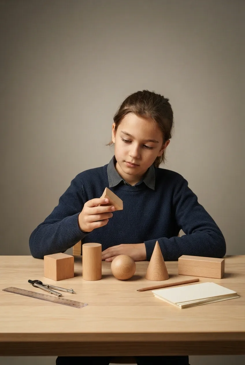 Student learning geometry with wooden geometric shapes, ruler, compass, and study tools in a clean studio setting.