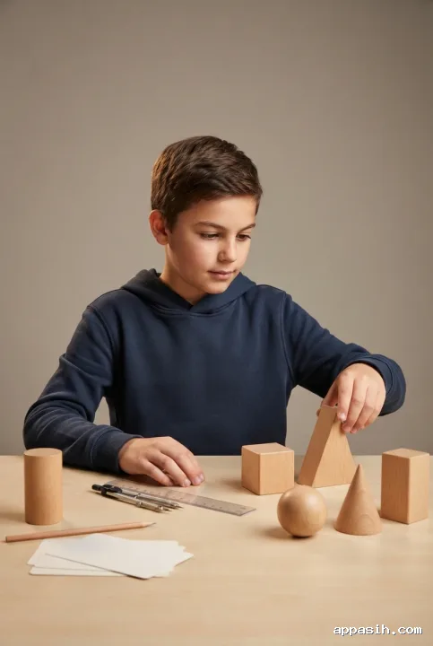 Focused student arranging wooden geometric solids beside a compass and ruler during a studio geometry learning session.