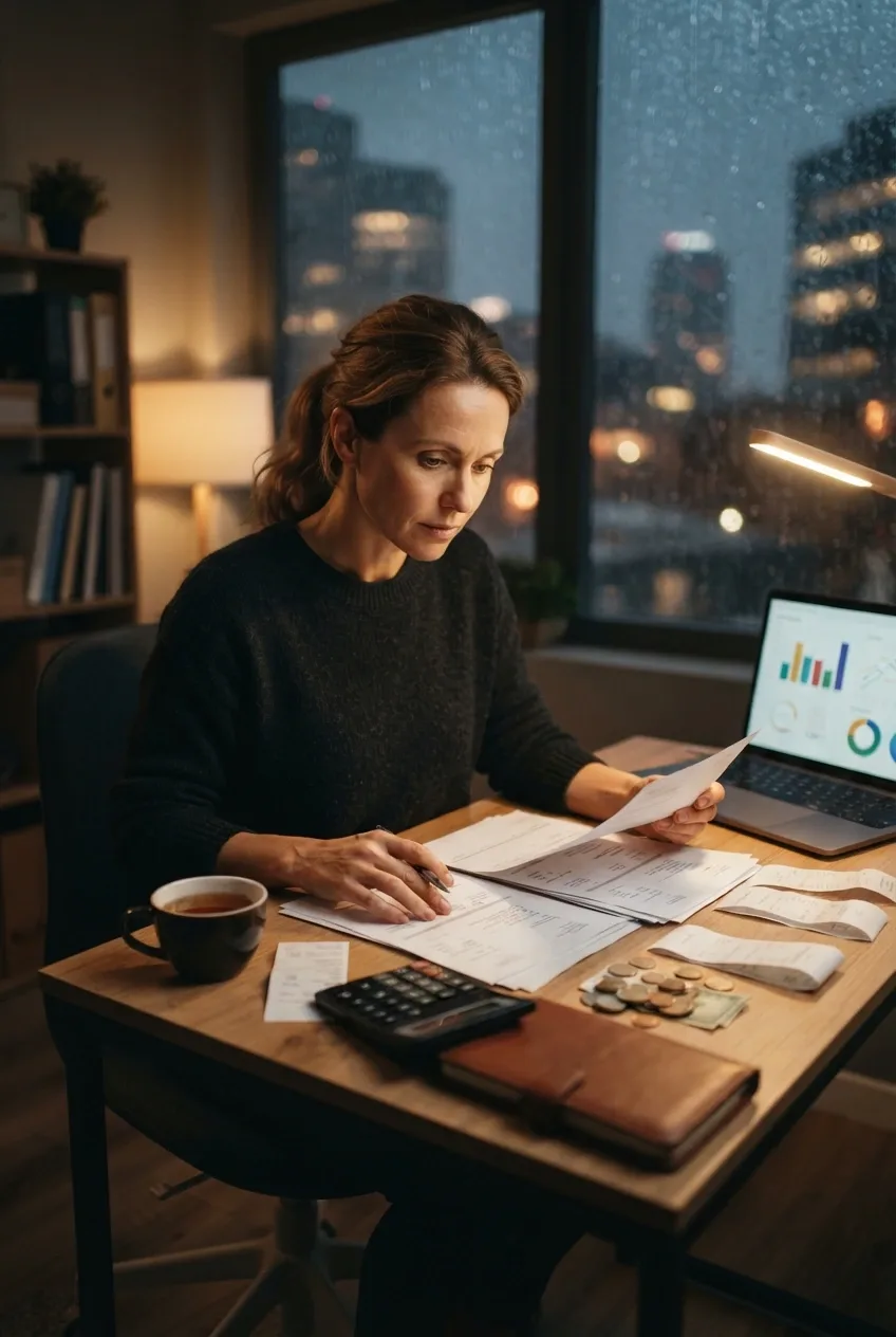 Cinematic small business owner reviewing cash flow at a desk with invoices, calculator, coins, laptop dashboard, and rainy windows at night.
