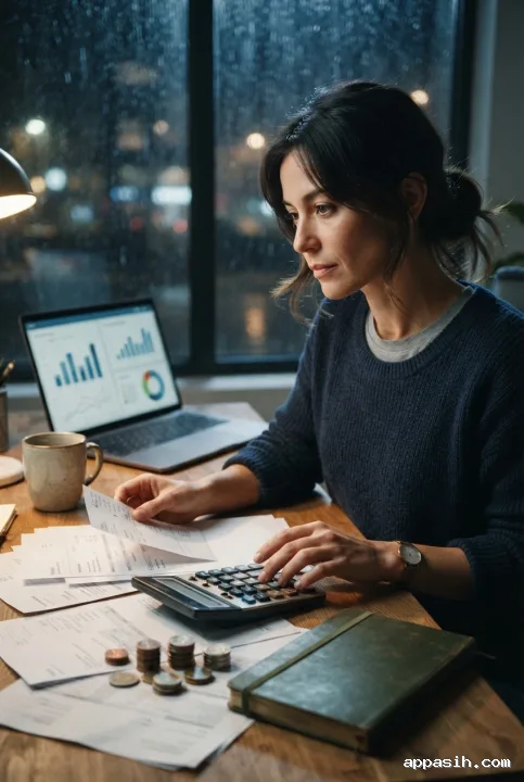 Cinematic three-quarter portrait of a small business owner checking cash flow with invoices, calculator, coins, and laptop at a rainy night office desk.