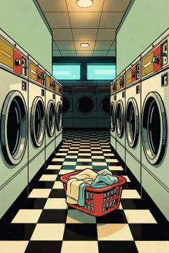 Retro Pop Art coin-operated laundromat at night with rounded washing machines, a red laundry basket, checkerboard flooring, halftone texture, and bold cyan, cream, mustard, and red colors.