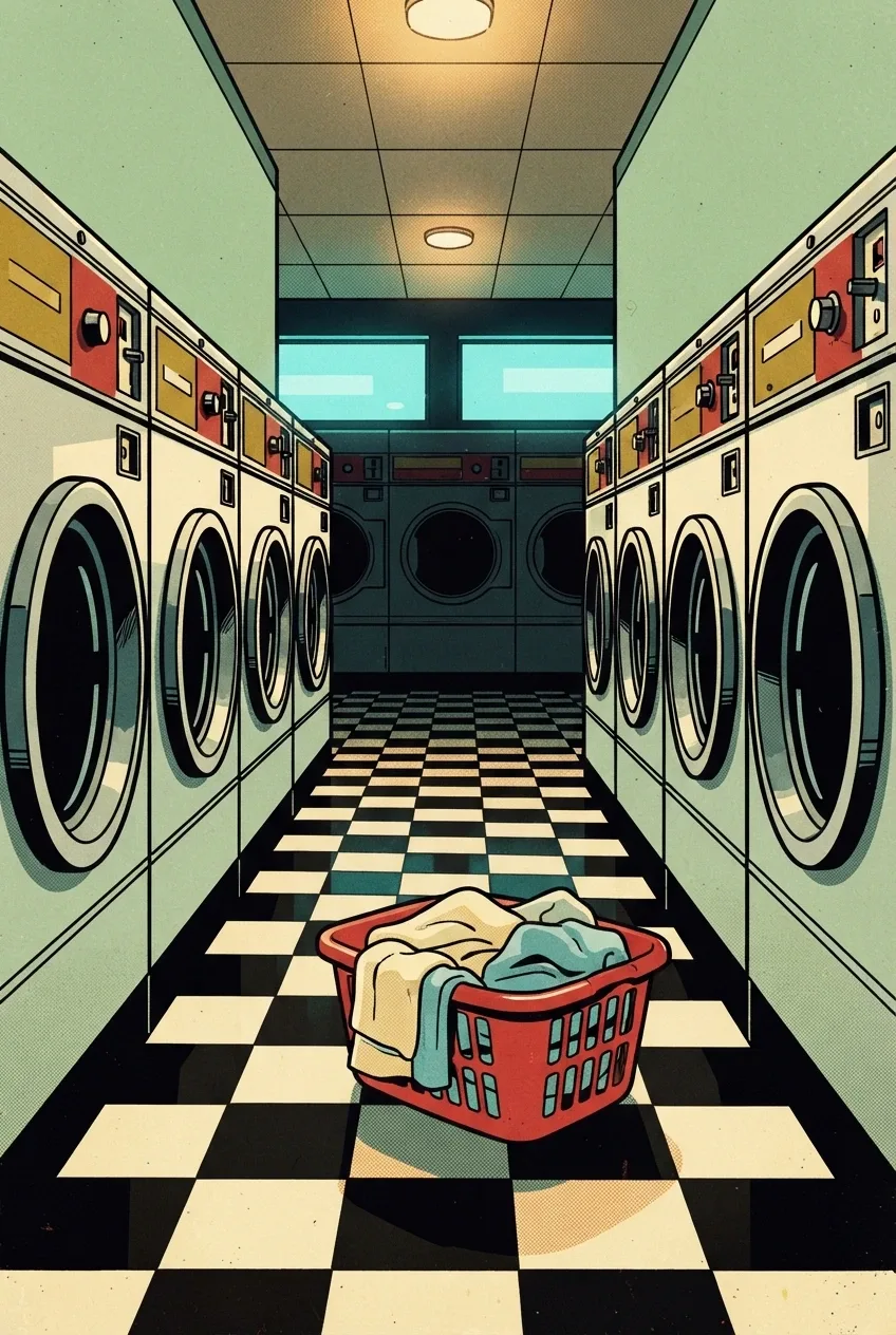 Retro Pop Art coin-operated laundromat at night with rounded washing machines, a red laundry basket, checkerboard flooring, halftone texture, and bold cyan, cream, mustard, and red colors.