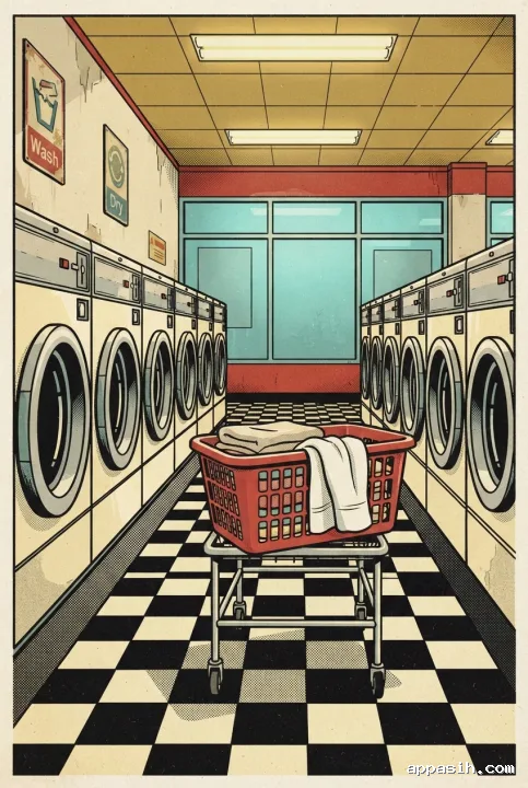 Retro Pop Art laundromat seen from a lower three-quarter angle with chrome washing machines, a red laundry basket topped by a loose towel, checkerboard flooring, warm lights, cyan window glow, and halftone print texture.
