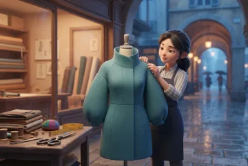 Young tailor adjusting a sculptural teal coat on a mannequin inside a rainy fashion arcade in polished 3D Cartoon style.