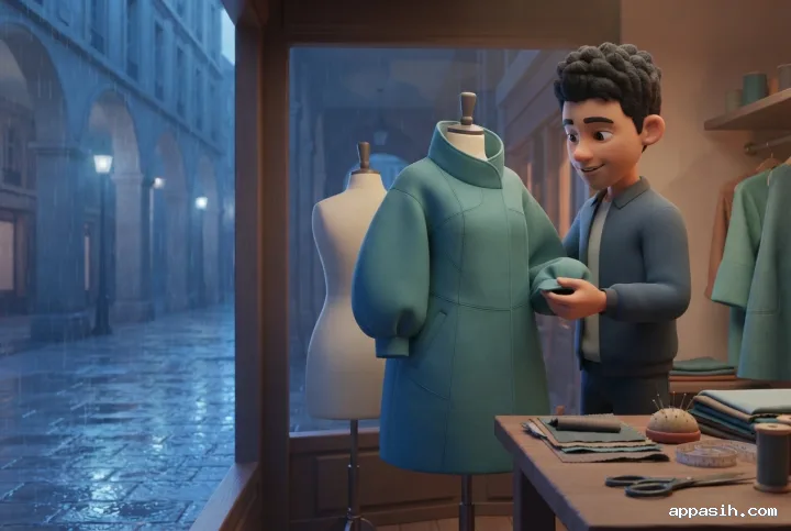 Three-quarter view of a young tailor inspecting the cuff of a sculptural teal coat on a mannequin inside the same rainy fashion arcade, rendered in polished 3D Cartoon style.
