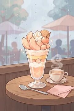Chibi peach parfait with cream, peach slices, jelly, and a warm drink on a café table beside a rainy window.