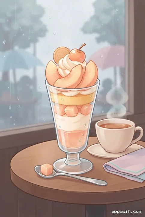 Close chibi view of a peach parfait with layered cream, jelly, fruit, and warm milk tea beside a rain-speckled café window.