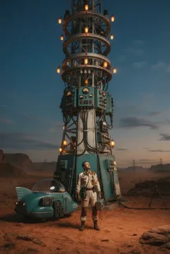 Retro futurist desert signal keeper servicing a tall analog communication beacon beside a streamlined utility vehicle at dusk.