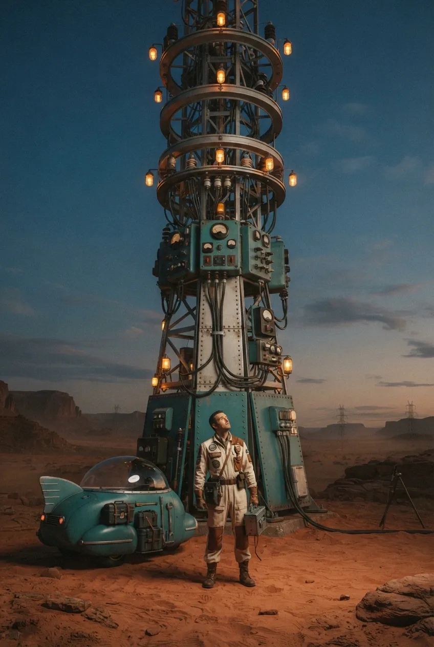 Retro futurist desert signal keeper servicing a tall analog communication beacon beside a streamlined utility vehicle at dusk.