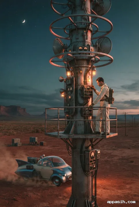 Low-angle retro futurist concept art of a desert signal keeper adjusting an analog beacon above a streamlined utility vehicle at dusk.