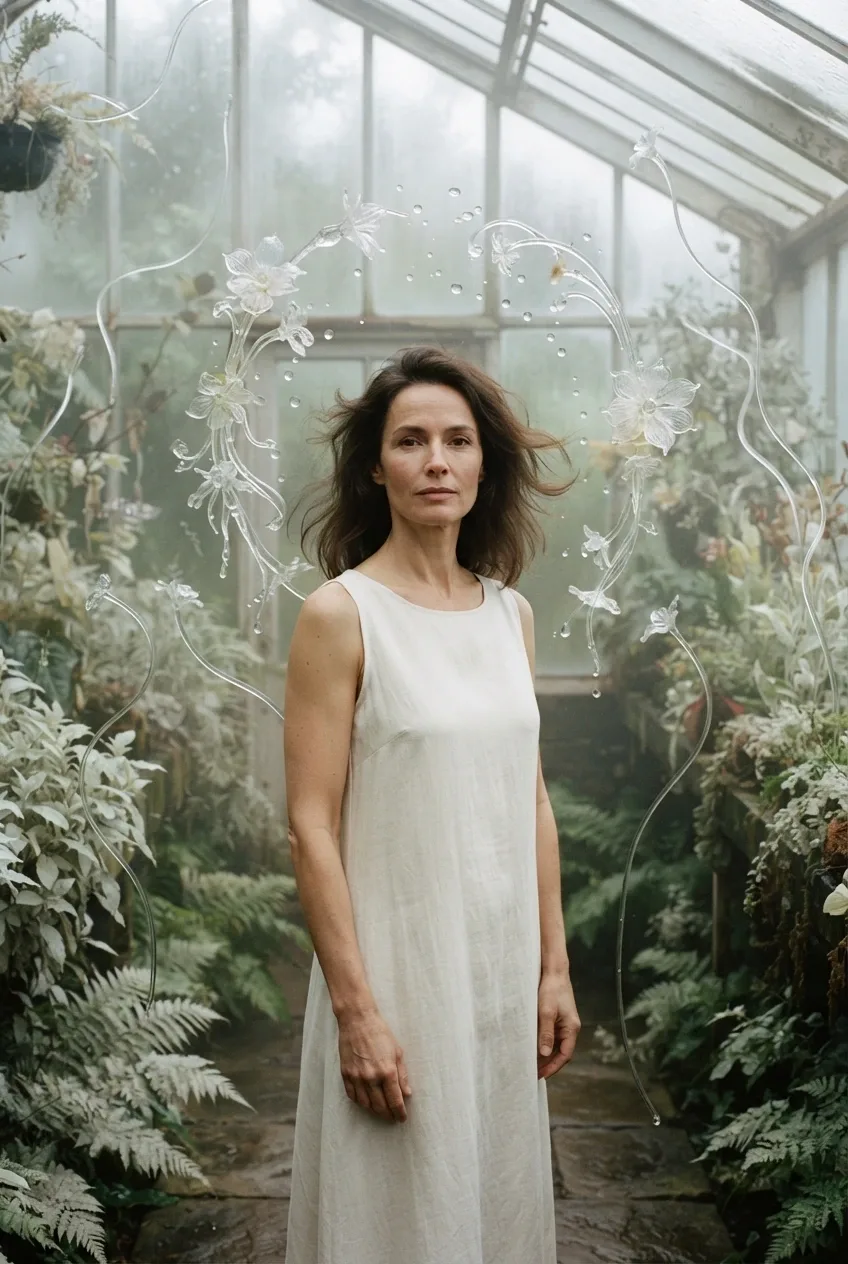 Surreal portrait of a woman in an ivory dress inside a misty greenhouse with floating glass flowers and suspended water droplets around her.