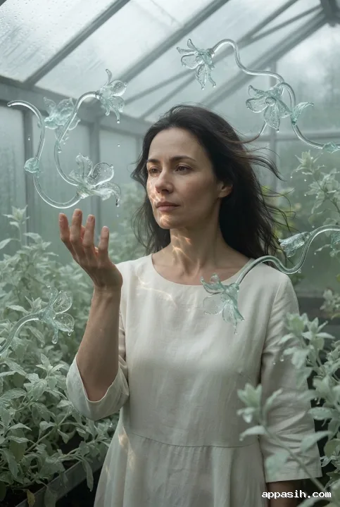 Surreal close portrait of a woman in a misty greenhouse raising one hand beneath a floating glass flower while suspended droplets and translucent blossoms surround her.