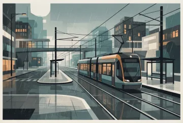 Abstract graphic electric tram moving through a geometric rain-soaked city with reflective streets and simplified urban transit infrastructure.