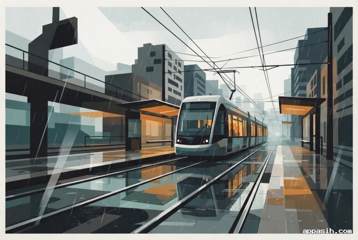 Closer abstract graphic view of an electric tram moving through the same geometric rain city with converging rails, warm transit lights, and layered reflective pavement.