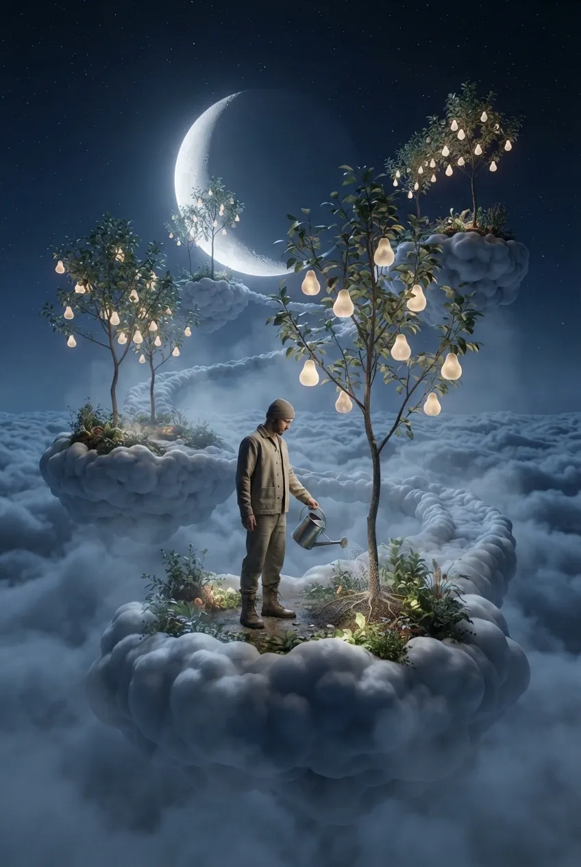 Surreal 3D render of a gardener watering luminous fruit trees in a floating cloud orchard beneath a crescent moon.