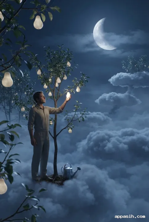 Detailed surreal 3D render of a gardener inspecting luminous fruit in a floating cloud orchard beneath a misty crescent moon.