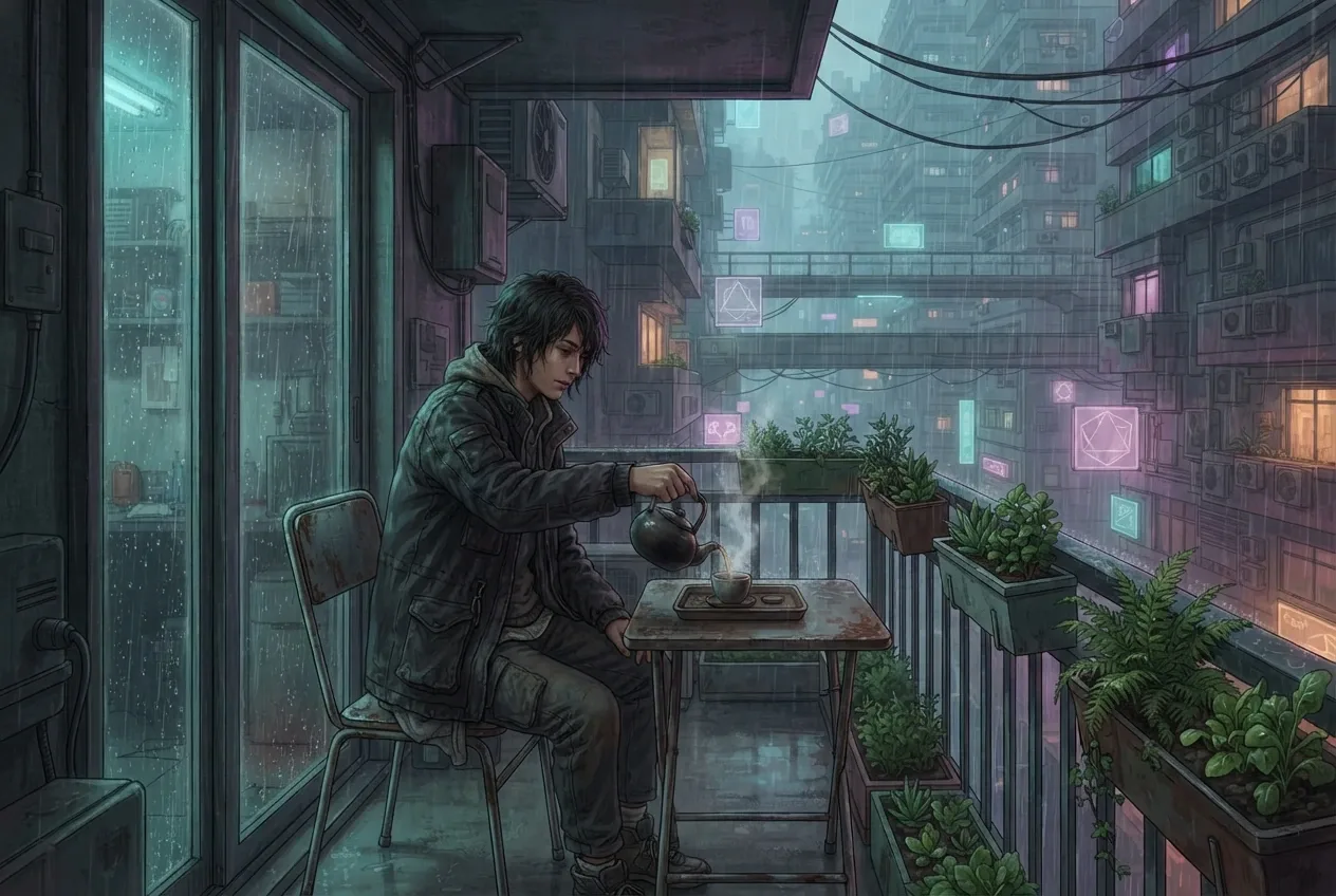 Young resident pouring tea beside balcony plants in a rainy cyberpunk apartment overlooking a neon-lit futuristic city.