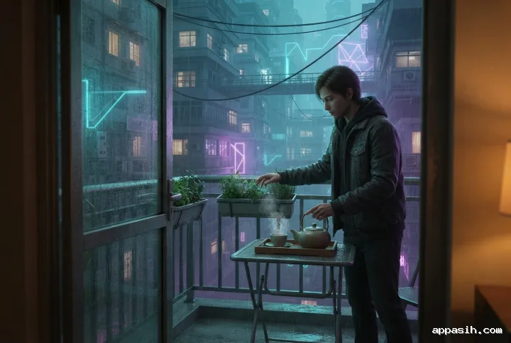 Closer cyberpunk concept art view of a resident tending a balcony herb beside steaming tea while rain and neon lights cover the futuristic apartment district.