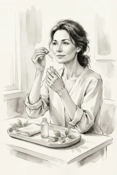 Woman applying botanical face serum beside a ceramic vanity tray in a delicate Ink Wash Drawing.