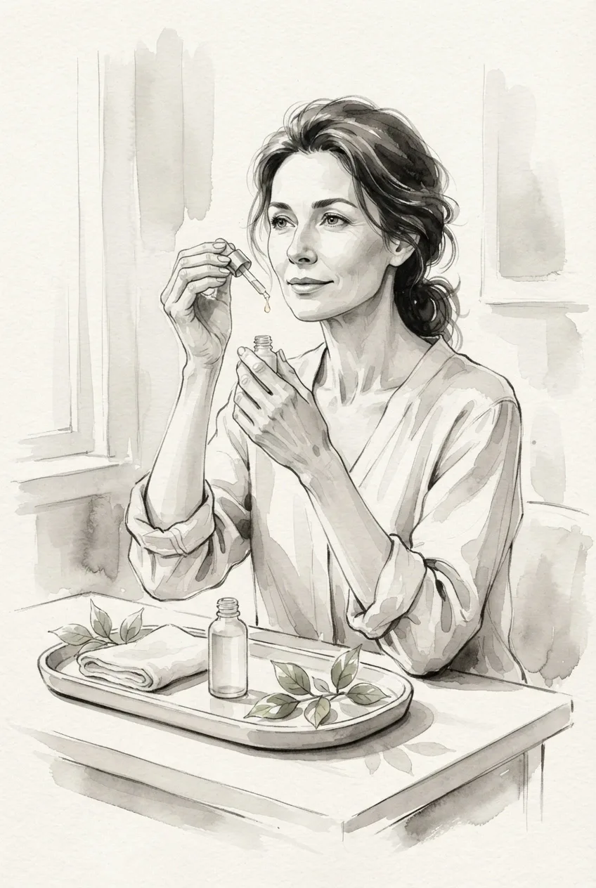 Woman applying botanical face serum beside a ceramic vanity tray in a delicate Ink Wash Drawing.