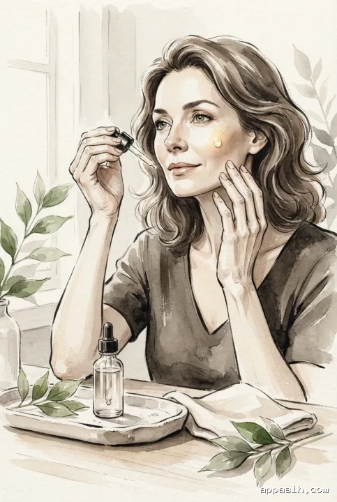 Woman gently applying botanical face serum at a minimalist vanity in a detailed three-quarter Ink Wash Drawing.