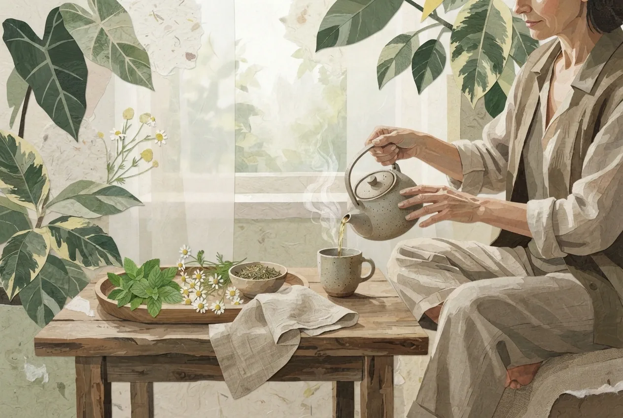 Adult preparing steaming herbal tea with mint and chamomile in a botanical wellness nook made from layered paper, fabric, vellum, and painted mixed media textures.