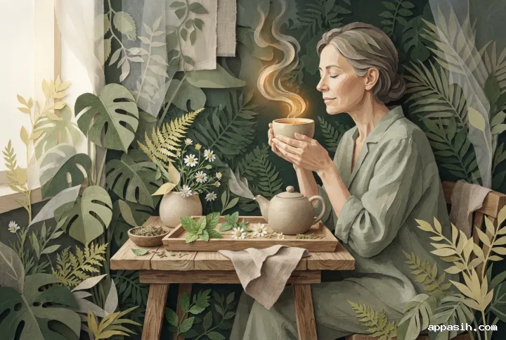 Adult lifting a ceramic cup of herbal tea in a botanical wellness nook with mint, chamomile, teapot, linen, and richly layered collage and mixed media textures.