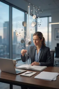 Financial analyst tending a surreal floating ledger garden of translucent financial columns and metallic coin-like forms in a modern office.