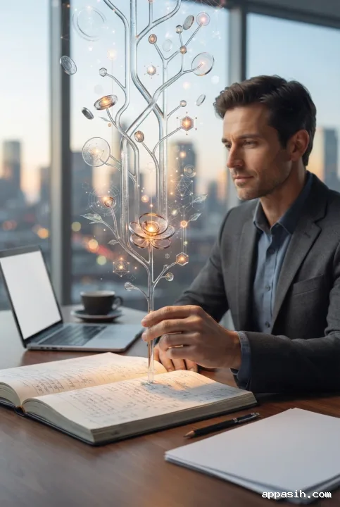 Financial analyst closely tending a surreal ledger garden with glass financial stems, metallic coin-like blossoms, and branching data structures in a modern office.