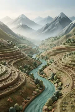 Clay 3D misty mountain valley with terraced green hills, a winding turquoise river, rounded clay trees, and fog-covered peaks.