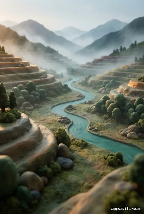 Closer Clay 3D view of the same misty terraced mountain valley, with a winding turquoise river, sculpted clay trees, tactile foreground ridges, and foggy peaks.