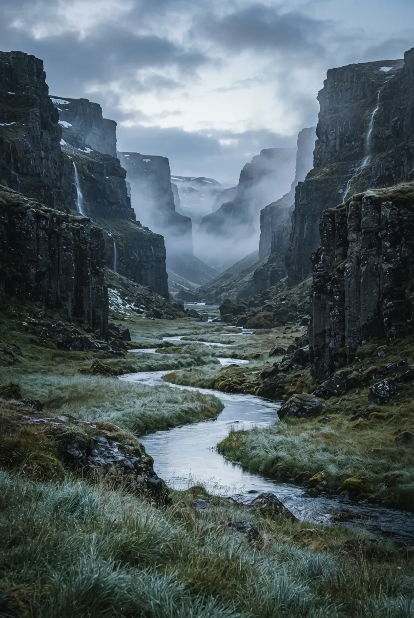 Cinematic misty basalt valley with a winding river, dark volcanic cliffs, silver grass, and soft dawn light in a vertical landscape.