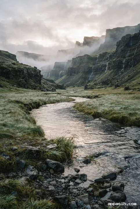 Cinematic close riverbank view of a misty basalt valley with wet volcanic cliffs, silver grass, thin waterfalls, and subdued dawn light.