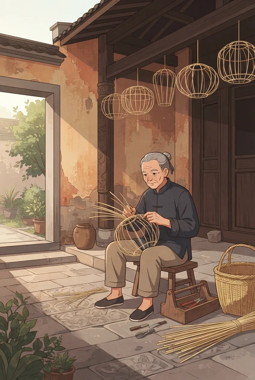 Vector illustration of an elderly bamboo lantern weaver crafting a lantern in a traditional heritage courtyard with baskets, wooden architecture, and artisan tools.