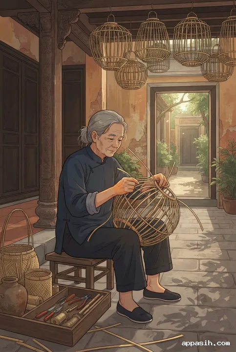 Closer vector illustration of the same elderly bamboo lantern weaver tightening a bamboo strip in the heritage courtyard, surrounded by traditional tools, baskets, lantern frames, and timber architecture.