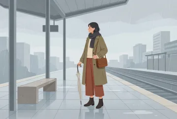 Flat 2D illustration of a commuter in an olive trench coat, rust cropped trousers, scarf, and ankle boots waiting on a rainy urban train platform.
