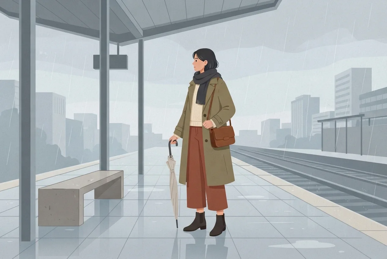 Flat 2D illustration of a commuter in an olive trench coat, rust cropped trousers, scarf, and ankle boots waiting on a rainy urban train platform.