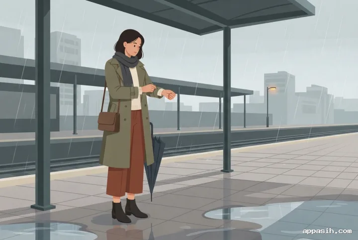 Flat 2D illustration of the same commuter adjusting an olive trench coat on a rainy train platform, with rust trousers, charcoal scarf, ankle boots, and wet pavement reflections.