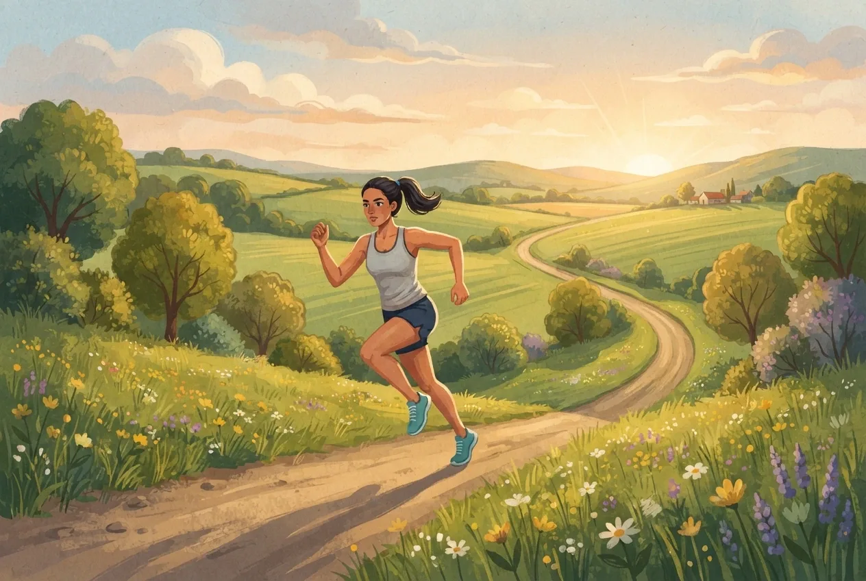 Storybook illustration of a runner sprinting uphill on a winding countryside path at sunrise.