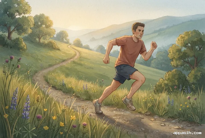 Storybook illustration of a runner driving uphill during sunrise sprint training on a rural path.