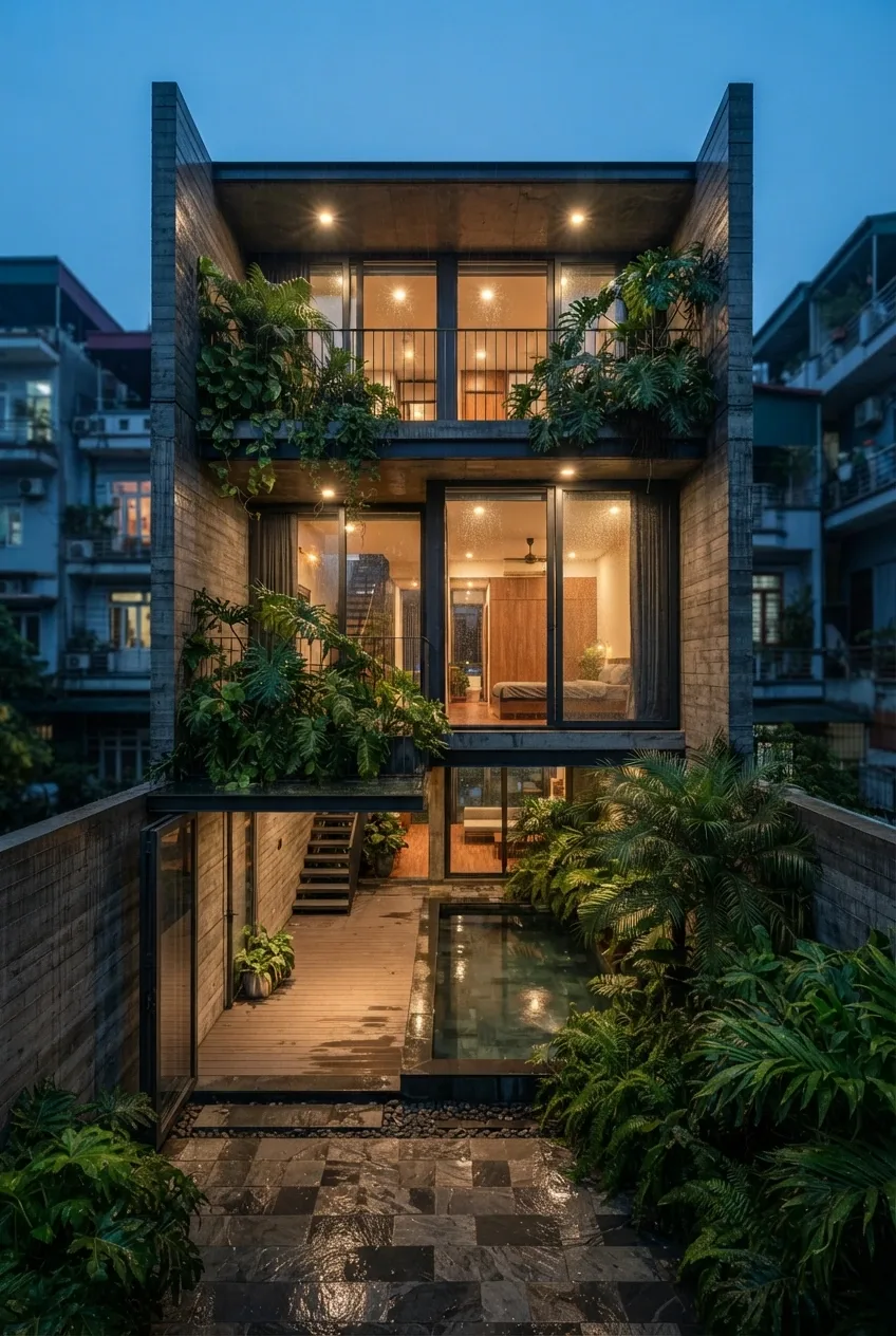 Cinematic vertical courtyard house with exposed concrete walls, warm glowing windows, tropical greenery, wet stone paving, and blue-hour rain.