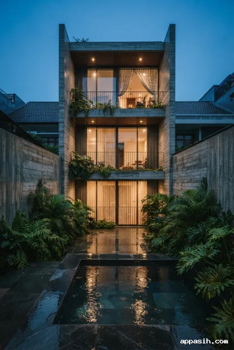Closer cinematic view of the same vertical courtyard house with rain-darkened concrete, reflecting pool, lush greenery, warm glazing, and blue-hour light.