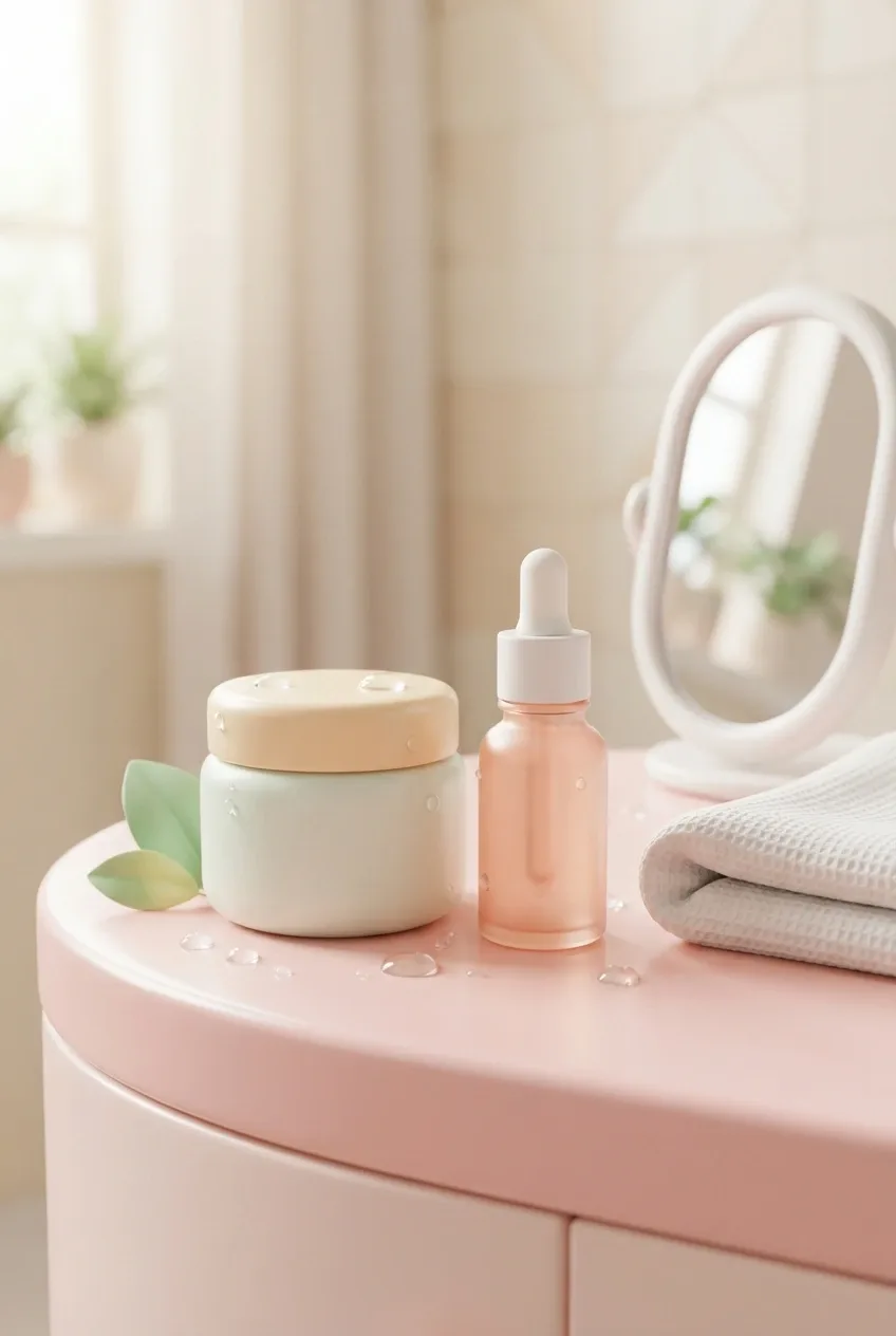 3D cartoon skincare vanity with a cream jar, serum dropper bottle, dewdrops, green leaves, folded towel, and oval mirror on a pastel counter.