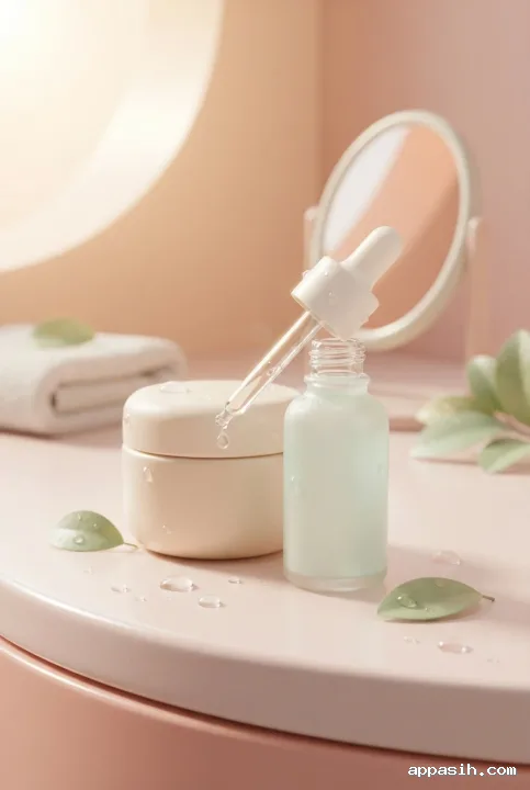 Close three-quarter 3D cartoon skincare vanity with a cream jar, serum dropper holding a single droplet, dewdrops, green leaves, folded towel, and oval mirror.